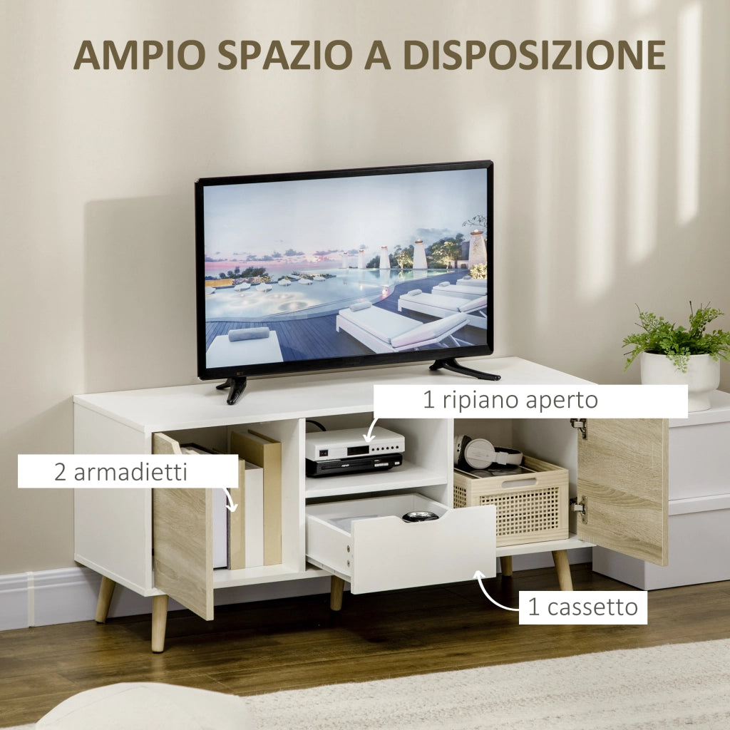 Mobile TV Moderno in Truciolato con Cassetti e Ripiani Aperti ¨C zephmum ¨C Bianco e Legno 110x40x50 cm