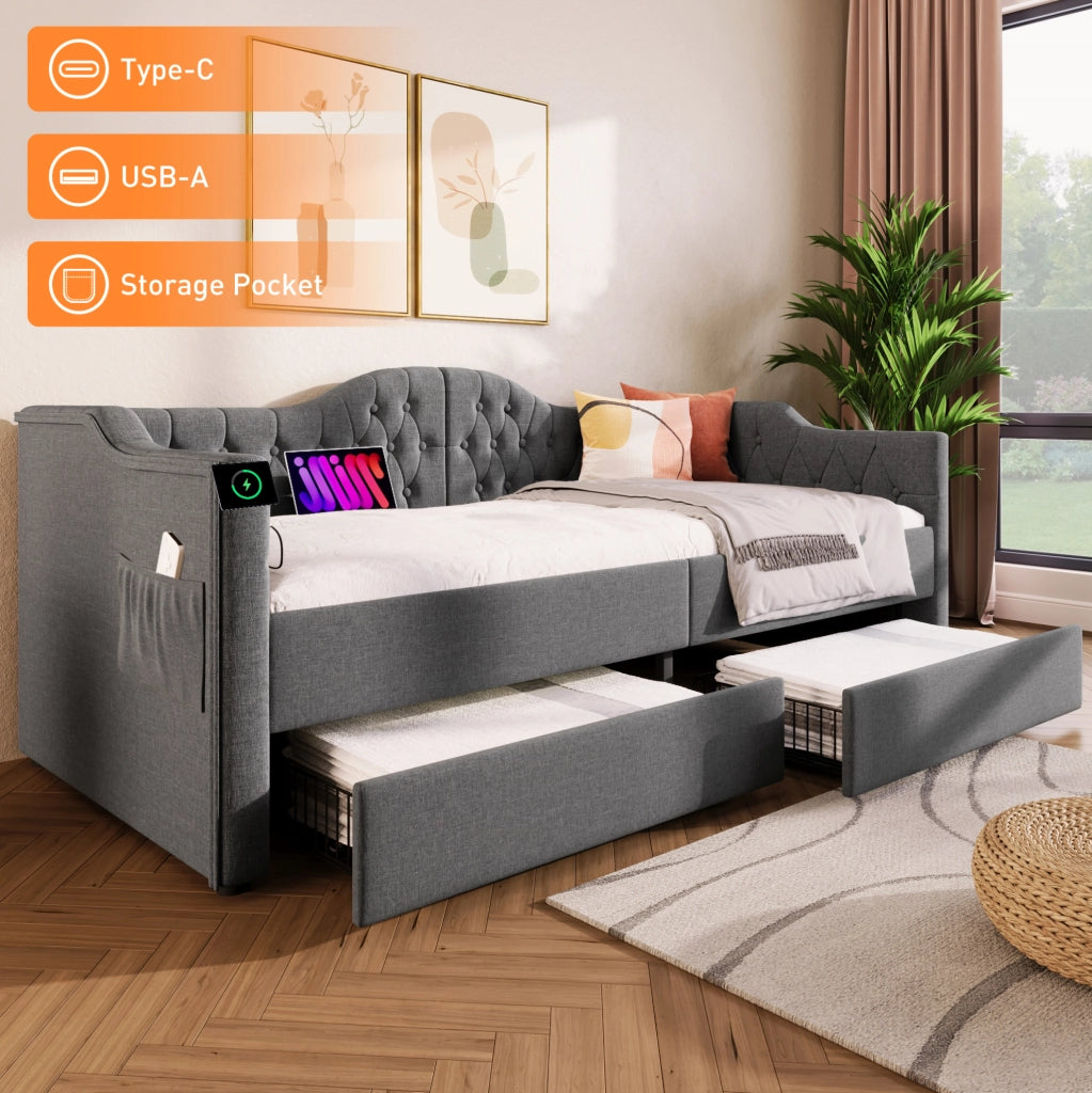 Letto singolo imbottito 90x190 cm grigio con USB-C e cassetti