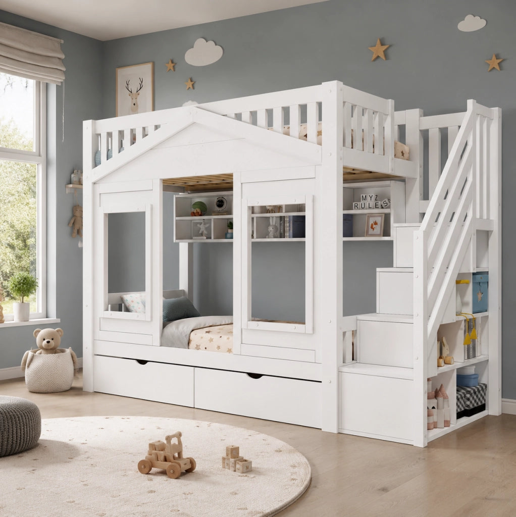 Letto a casetta rialzato per bambini 90x200 cm con scala contenitore; bianco