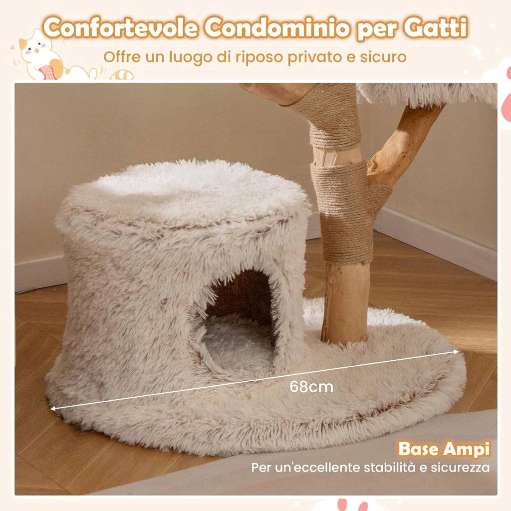 Albero per Gatti, Tiragraffi per Gattini in Legno Alta 102 cm con Condominio, 2 Piattaforme a Forma di Fiore, Trespolo e Palo per Grattarsi in Juta, Mobile da Arrampicata per Interno