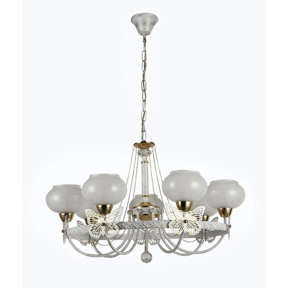 Trade Shop - Lampadario Classico Bianco Anticato Shabby Chic Lampada 7 Coppe Con Farfalle 92433 -