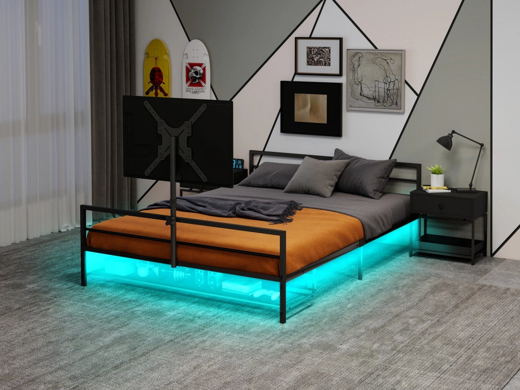 Letto gaming nero con supporto regolabile illuminazione LED e cestini di stiva sotto il letto. Grande letto in metallo lungo 206 cm.