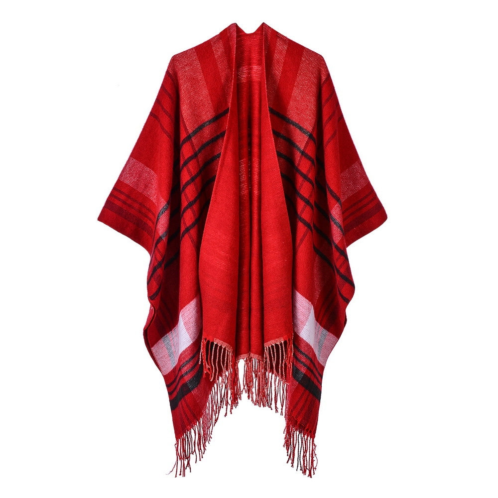 Sciarpa da donna in cashmere extra spessa e calda con nappe e motivo a quadri.