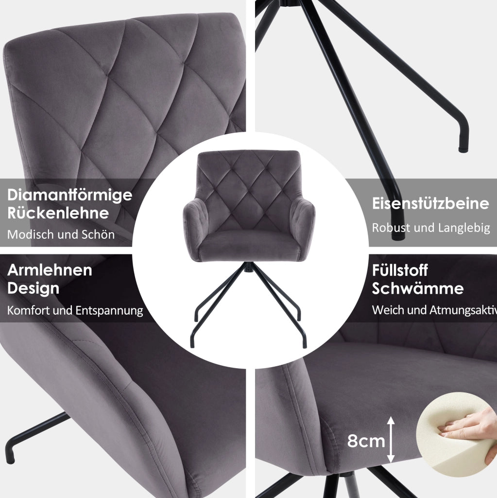 Set di 2 sedie imbottite in velluto grigio scuro con braccioli e gambe in metallo