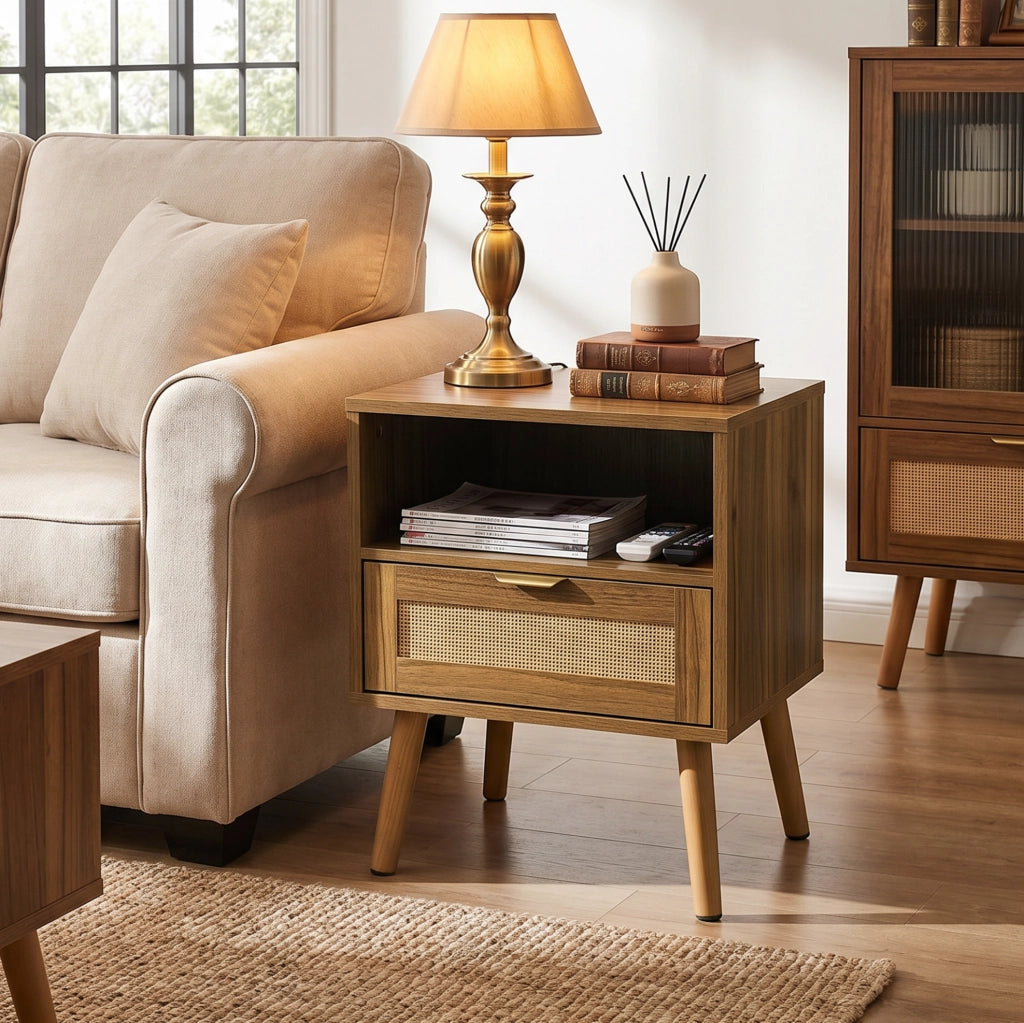 Comodino in MDF e rattan color noce con cassetto e ripiano aperto 45x40x55 cm