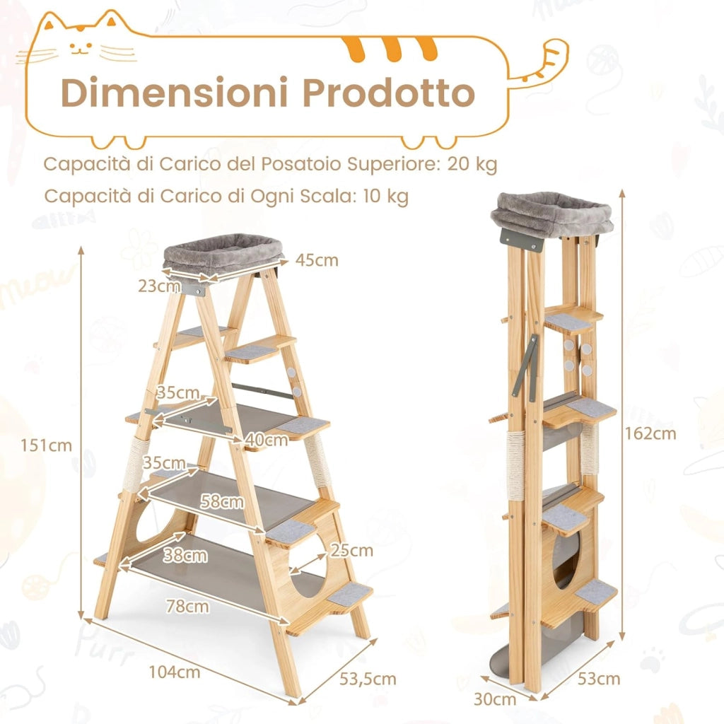 Albero per Gatti Alto 151cm, Tiragraffi per Gatti in Legno con Design a Scala, Cuscino Imbottito e Torretta Superiore, Palo Graffiatrice in Sisal, Mobile Salvaspazio per Gattini