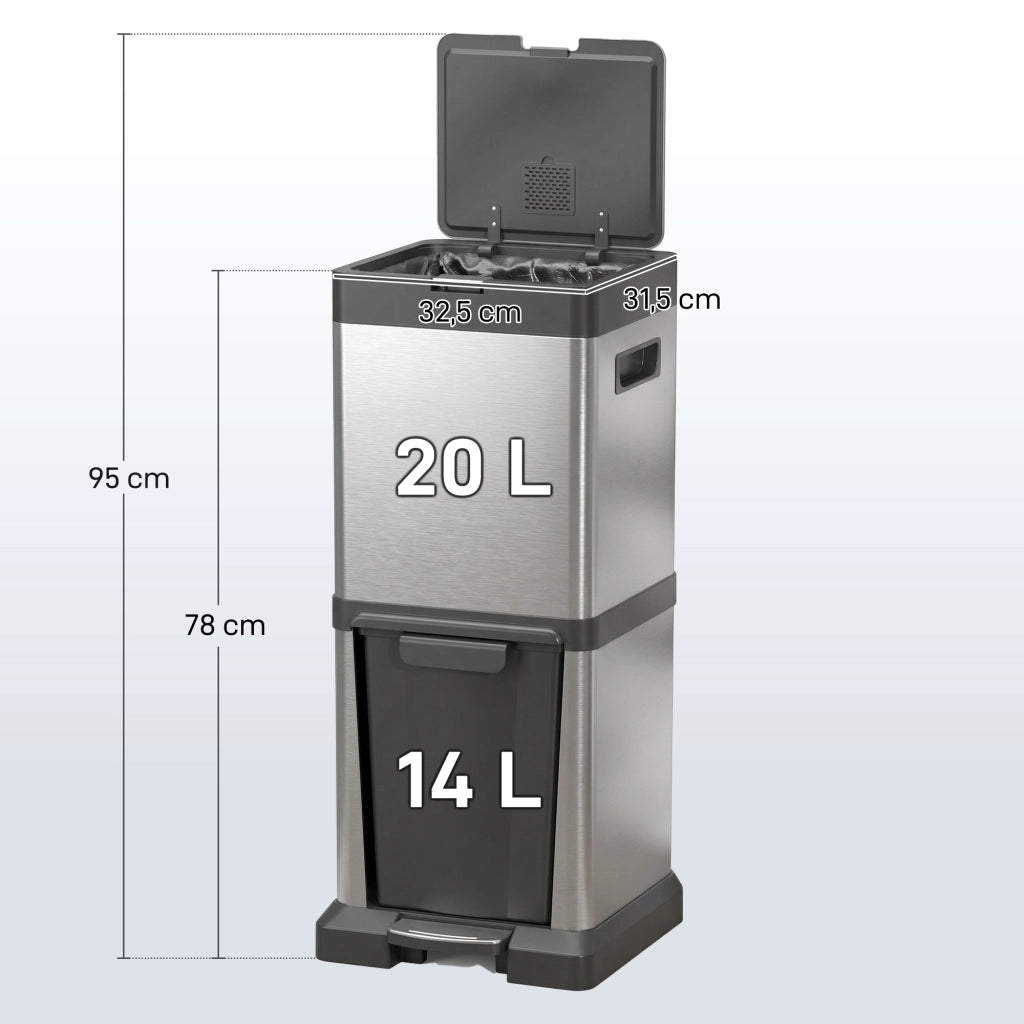 Pattumiera a pedale 20+14L con coperchio e scomparti estraibili ¨C Xylo ¨C acciaio inox 32,5x31,5x78cm argento