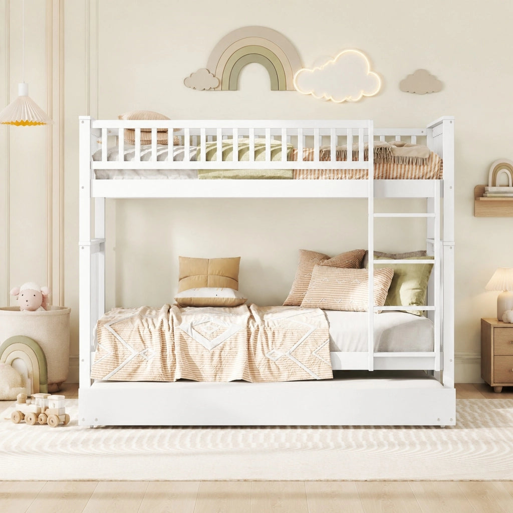 Letto a castello 90x200 cm con letto estraibile; pino e MDF; bianco