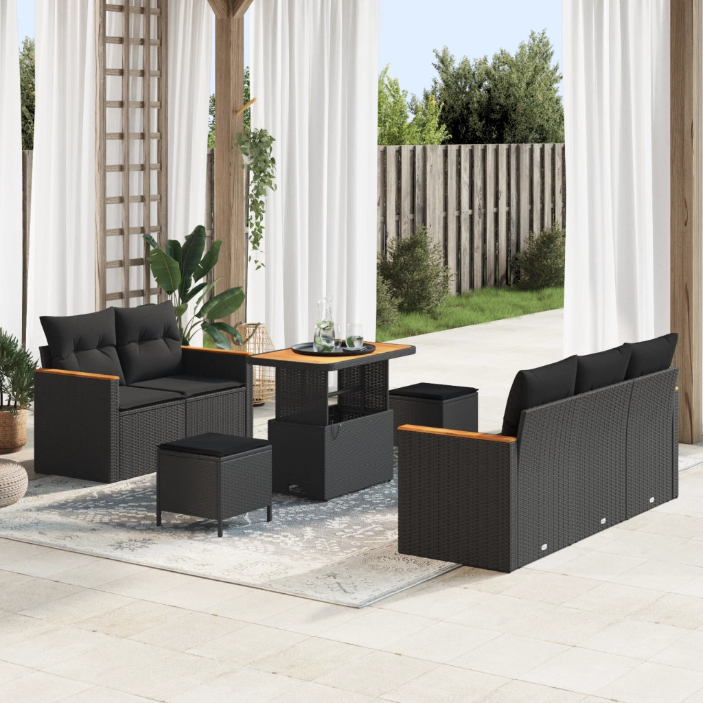 Set di Divani da Giardino 8 Pezzi con Cuscini Nero Polyrattan Acacia