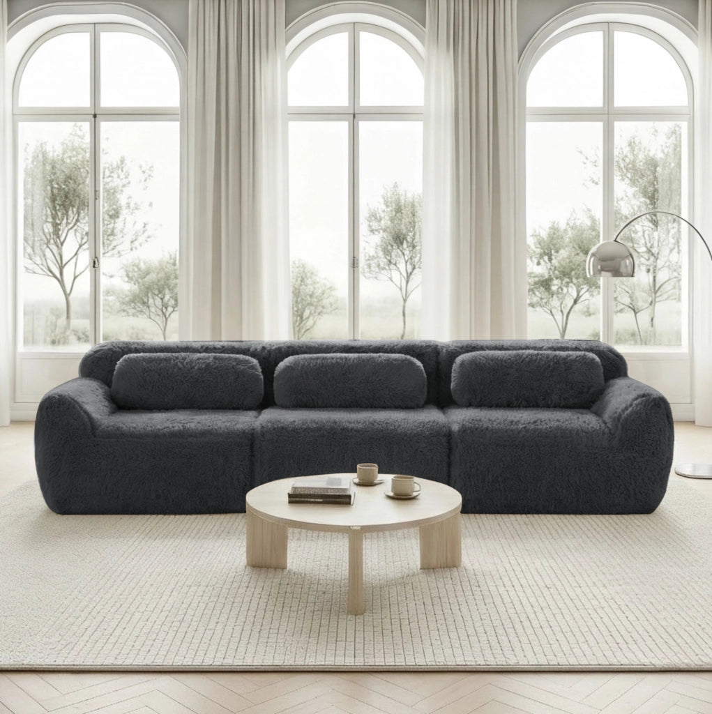 Divano modulare 3 posti in tessuto plush grigio; 291x104x73 cm; senza montaggio con base antiscivolo