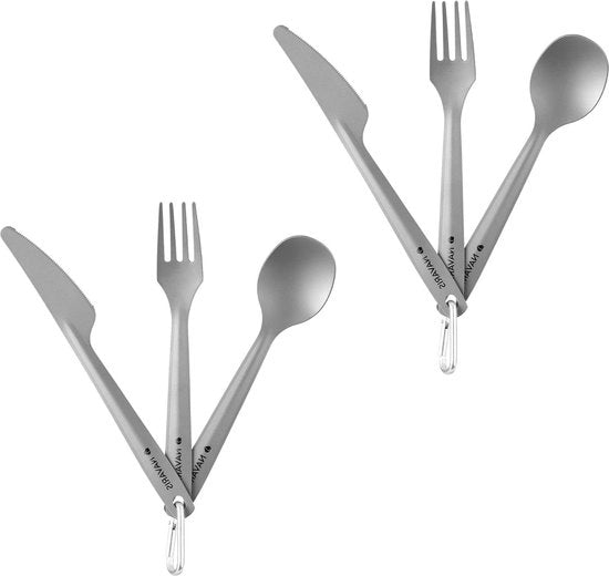 Set di cucina da campeggio in titanio - Set con forchetta, coltello e cucchiaio - Cucina da viaggio - Incluso anello di attacco e sacchetto di conservazione