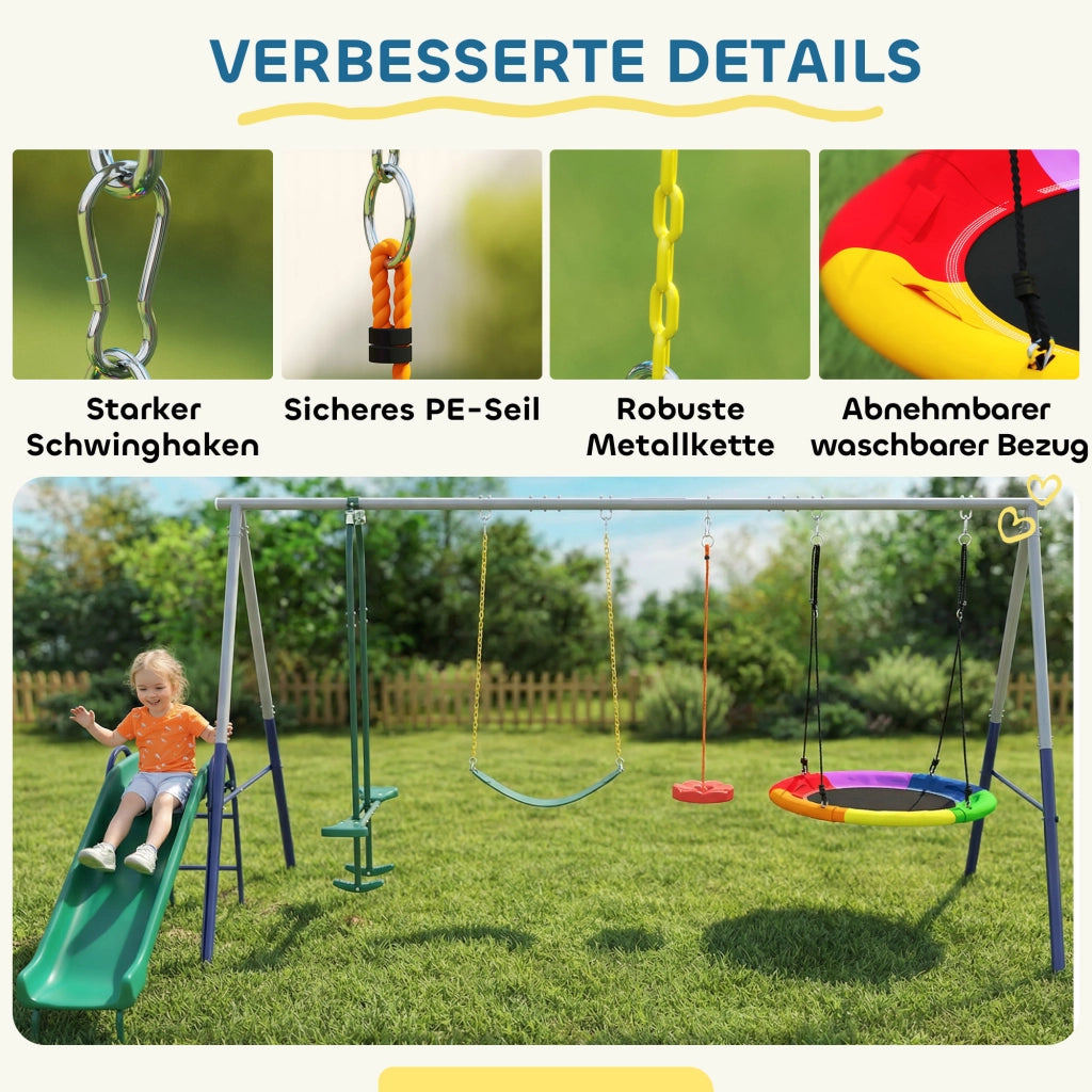 Altalena 5 in 1 con Scivolo e Altalena Nido ¨C zephmum ¨C 382x196x203 cm Multicolore