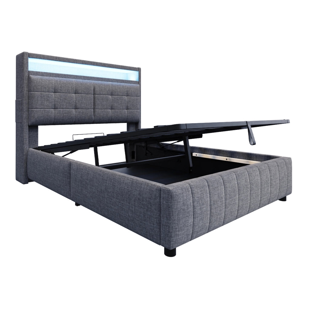 Letto matrimoniale imbottito 140x200 cm in tessuto effetto lino grigio con LED; USB e contenitore