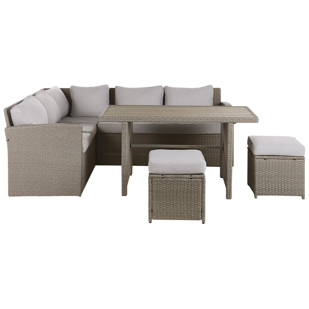 Divano ad angolo da giardino Set grigio Rattan Sintetico Taupe Cuscini Divano a 5 posti Tavolo 2 ottomani Set da pranzo all'aperto