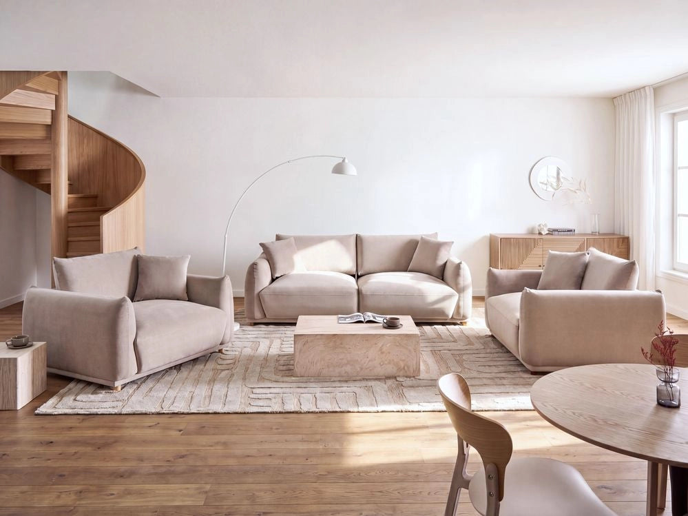 Set divano moderno a 5 posti in velluto con cuscini decorativi e poltrone con gambe in legno tortora stile moderno