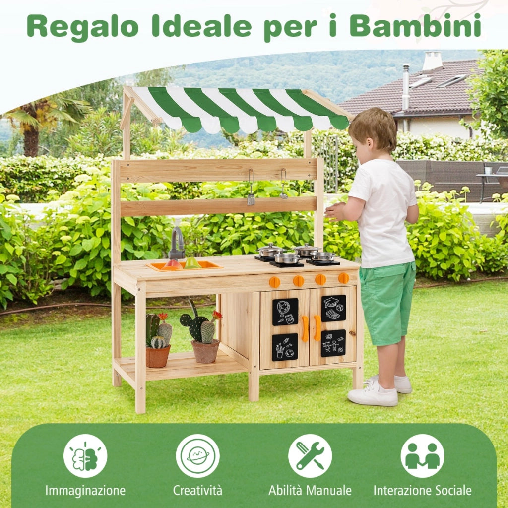 Cucina da gioco in legno di abete con telo protettivo, Set da gioco per bambini con lavello rimovibile Naturale-Cucine giocattoli