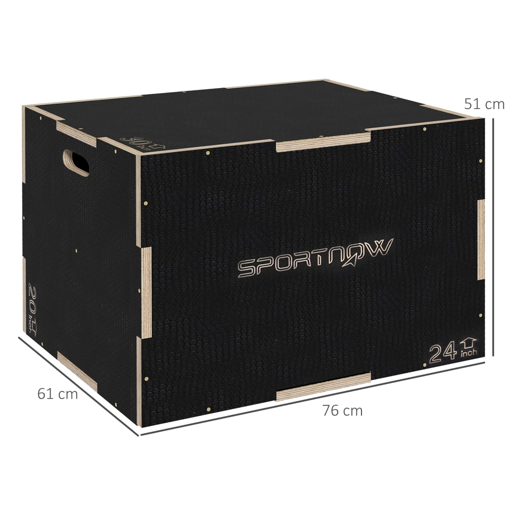 Box Jump Pliometrico a 3 Altezze in Legno Antiscivolo. 76-61-51cm. Nero