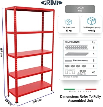 SCAFFALE IN METALLO ROSSO ETTORE KIT BULLONI 100 X 40 X H 187 CM 5 RIPIANI