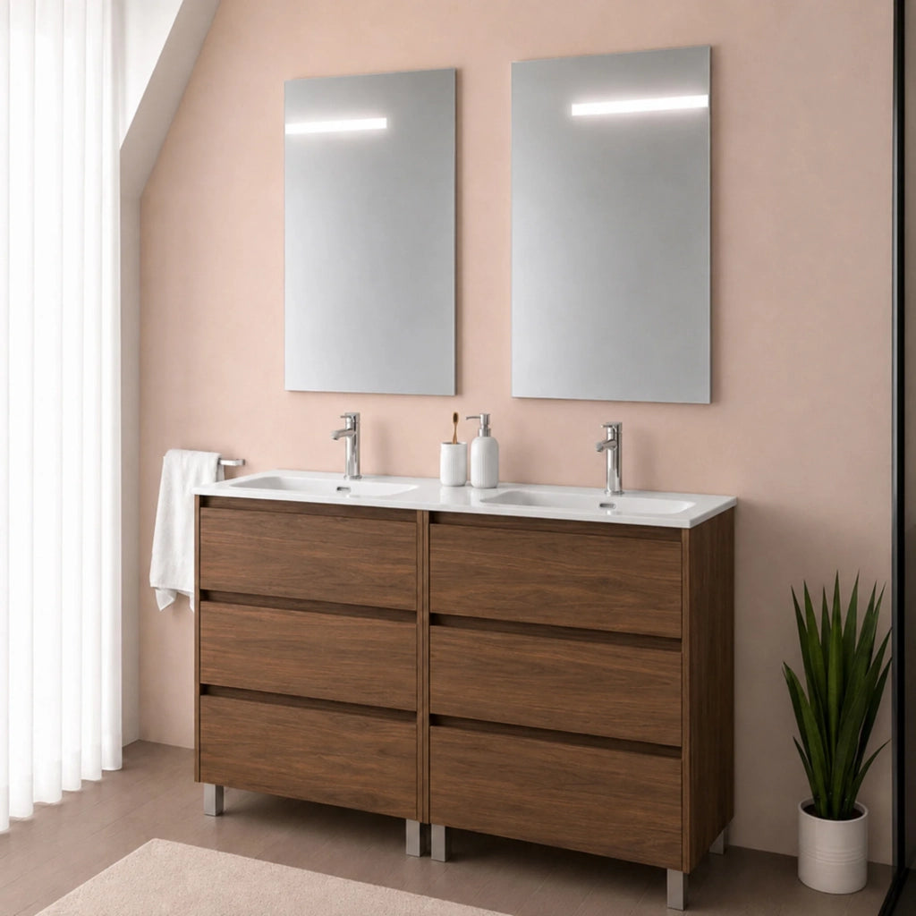Mobile bagno a terra 120 cm noce maya sei cassetti e doppia vasca Gaya