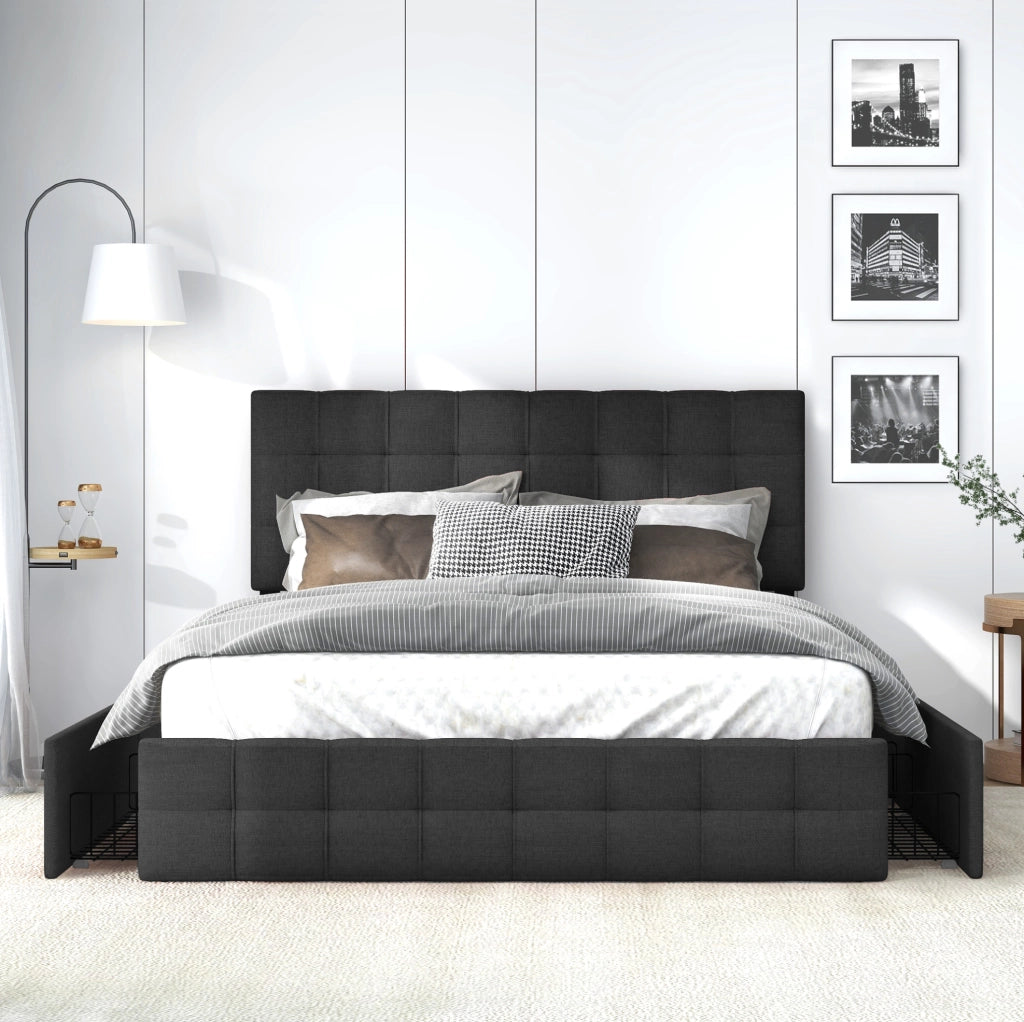 Letto imbottito matrimoniale 140x200 cm con 4 cassetti; testiera regolabile; nero