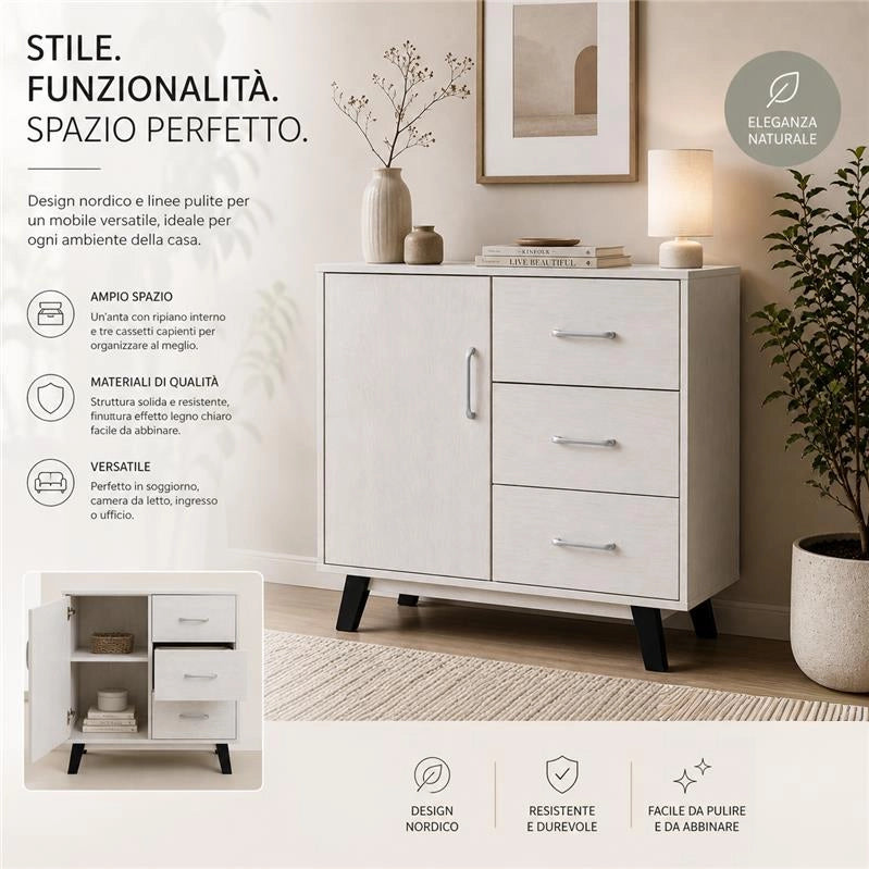 MOBILE MODERNO IN LEGNO CON 3 CASSETTI, 1 ANTA E PIANO D'APPOGGIO COLORE BIANCO DIMENSIONI 80X38X74 CM
