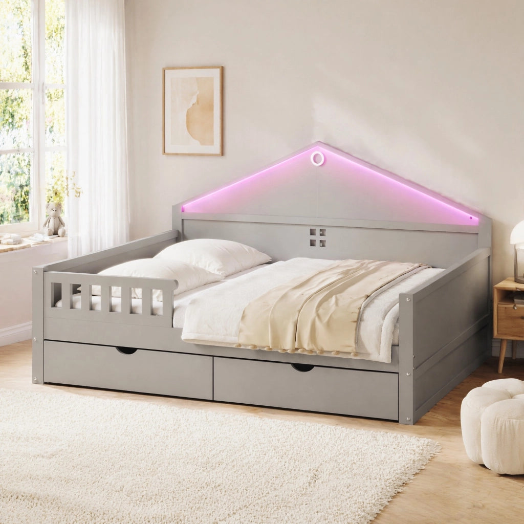 Letto Singolo 140x200 cm con 2 Cassetti e LED; in Legno Massello e MDF; Grigio