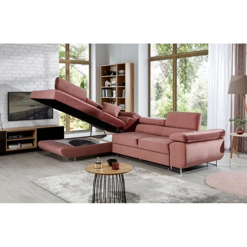 Divano ad angolo convertibile MENTON in velluto rosa – Angolo sinistro con contenitore