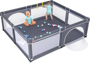 Box Recinto per Bambini, Centro Attività Portatile con Cancelli di Sicurezza, Reti Traspiranti, Ventose Antiscivolo e 4 Anelli per Bambini, con 50 Palline, 206 x 185,5 x 68 cm (Grigio Scuro)