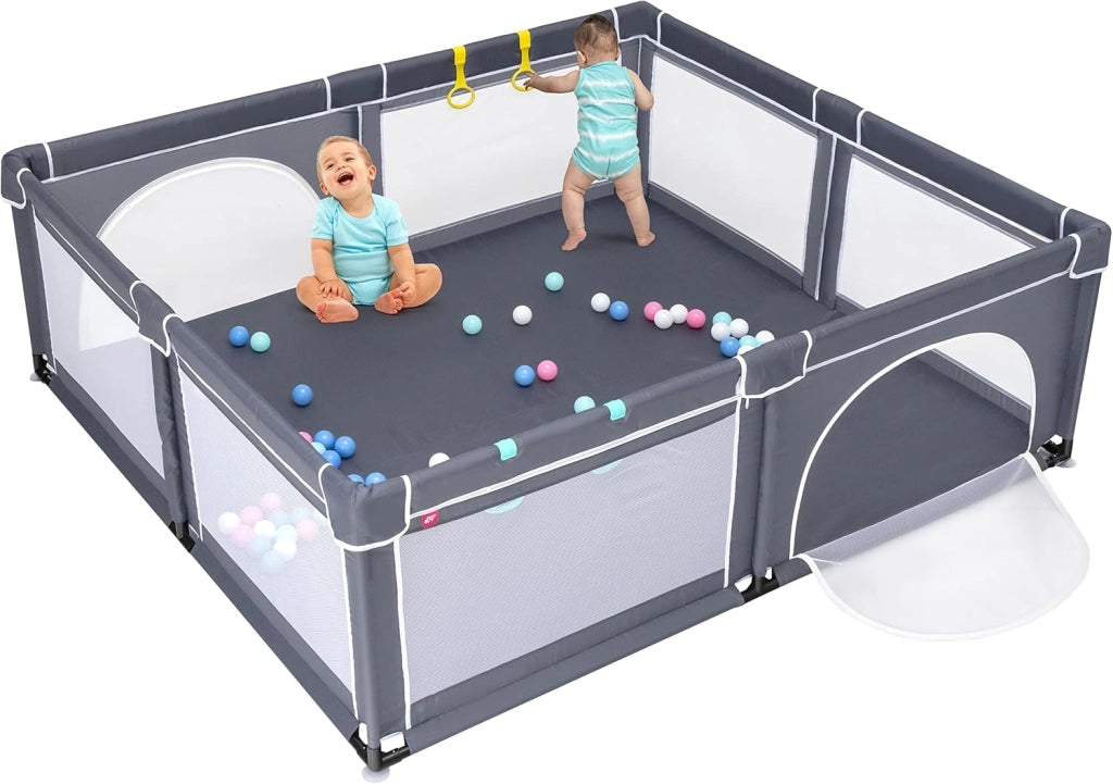Box Recinto per Bambini, Centro Attività Portatile con Cancelli di Sicurezza, Reti Traspiranti, Ventose Antiscivolo e 4 Anelli per Bambini, con 50 Palline, 206 x 185,5 x 68 cm (Grigio Scuro)