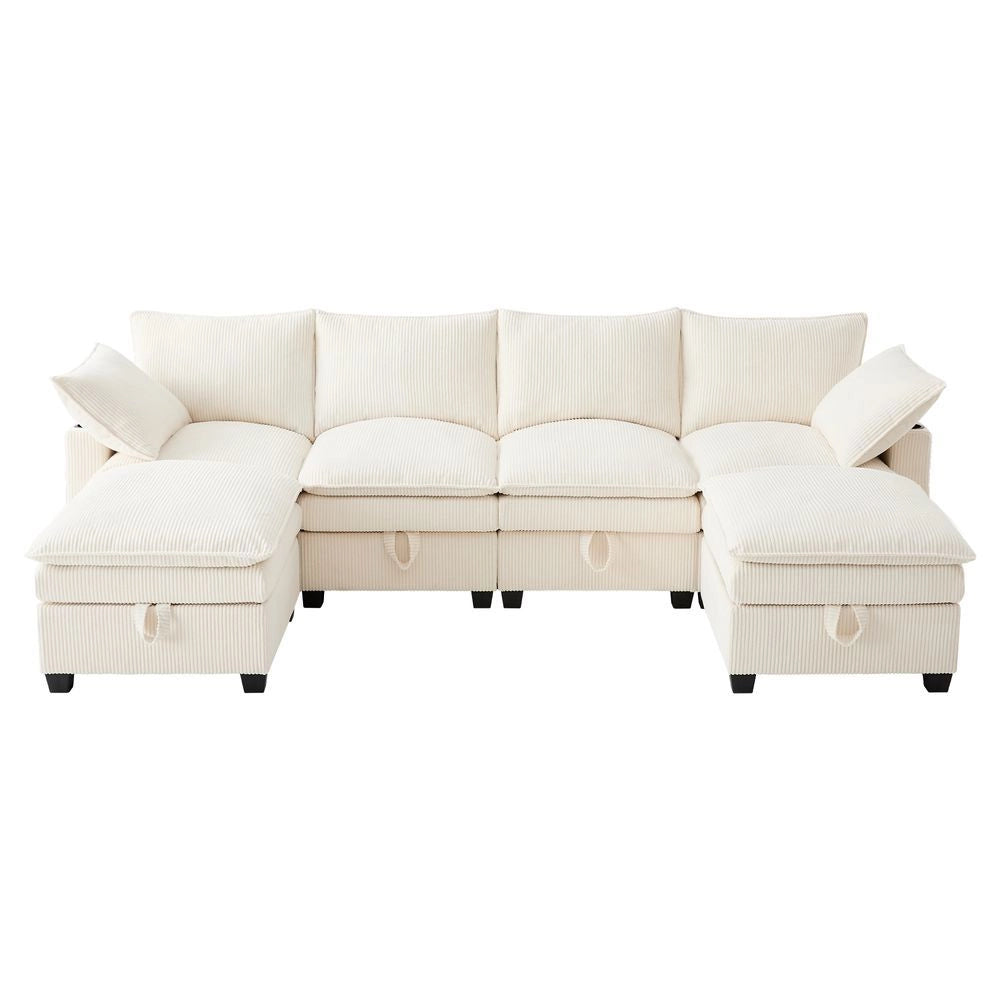 Divano moderno a L - Xylo - Velluto, USB, poggiapiedi, ripostiglio, beige