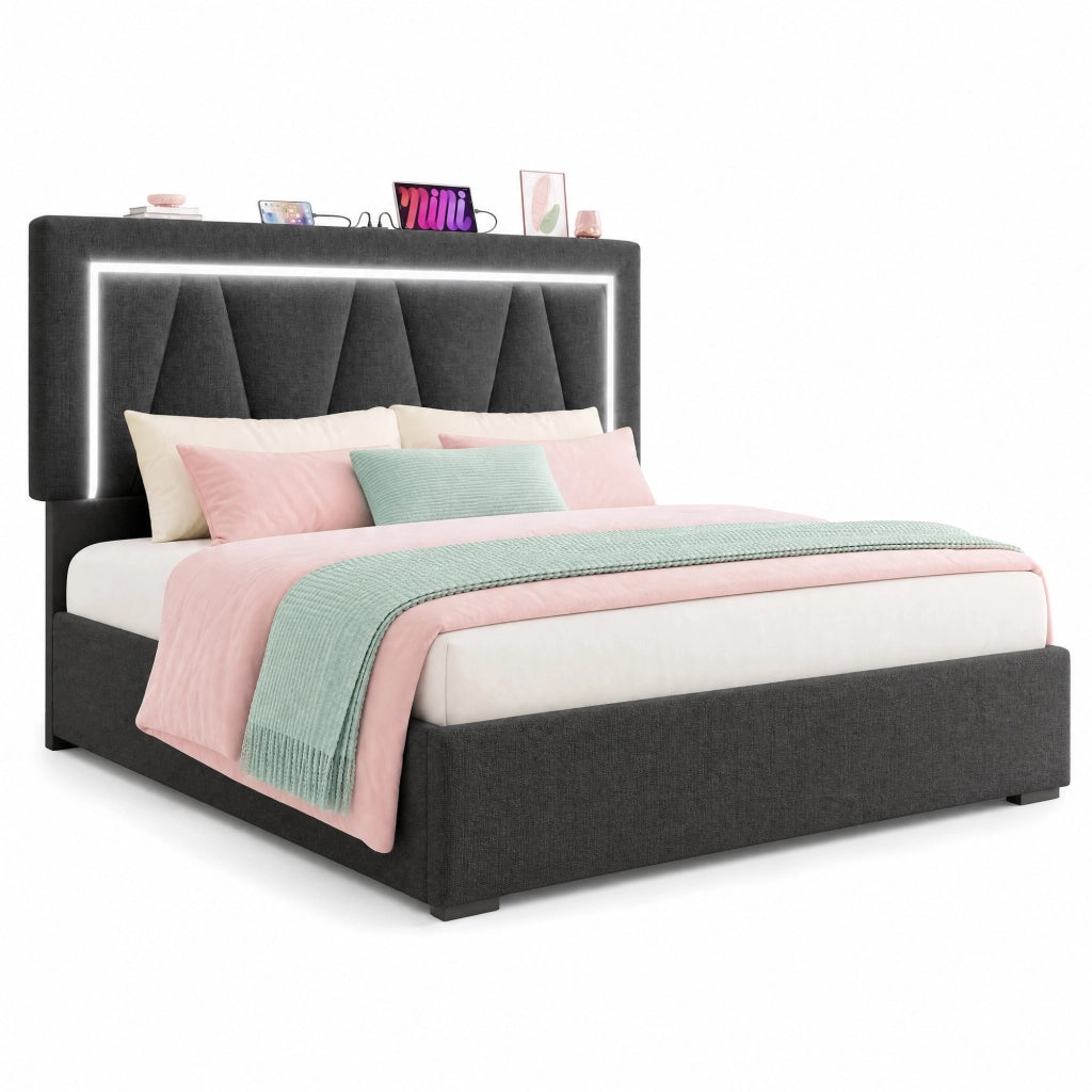 Letto matrimoniale 140x200 cm con contenitore; testiera regolabile; LED e USB Type C; lino grigio