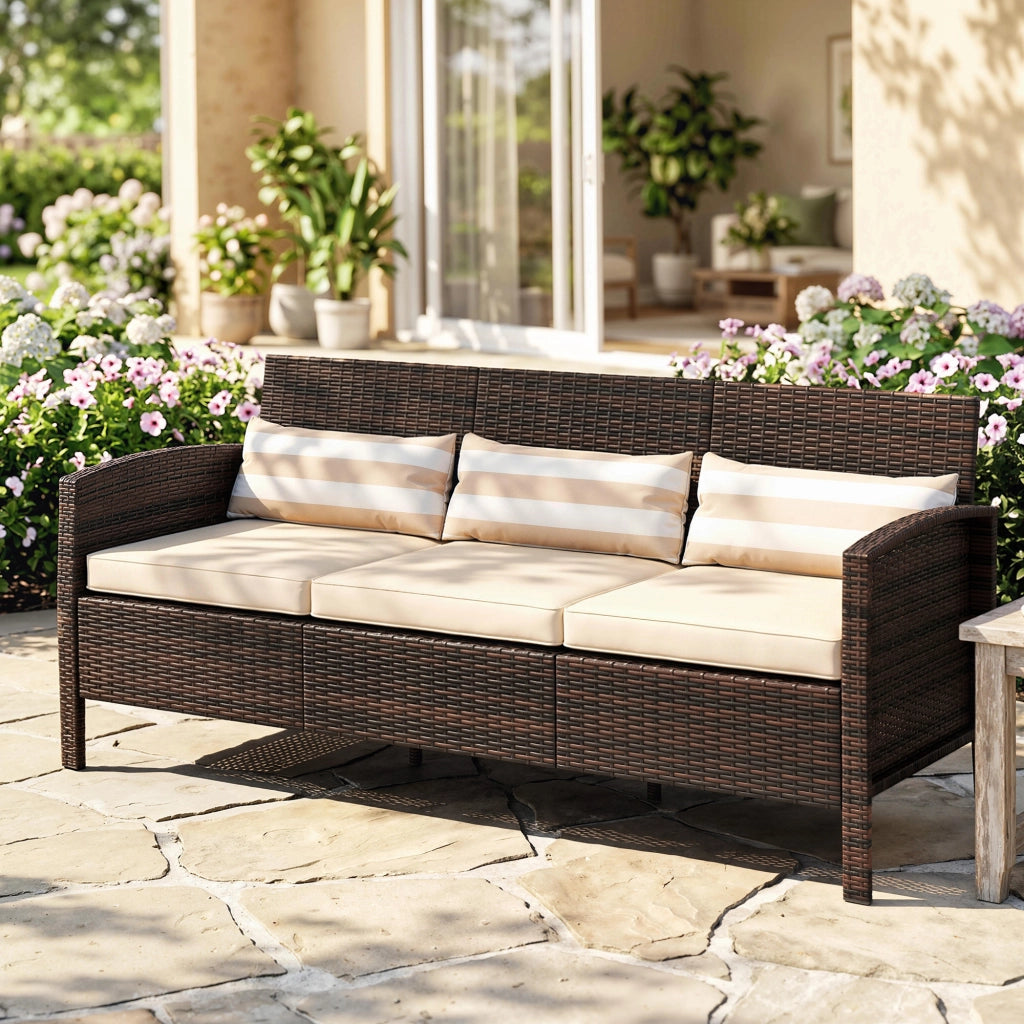 Divano 3 Posti da Esterno in Rattan PE con Cuscini Sfoderabili ¨C zephmum ¨C Marrone, 173x68x78 cm