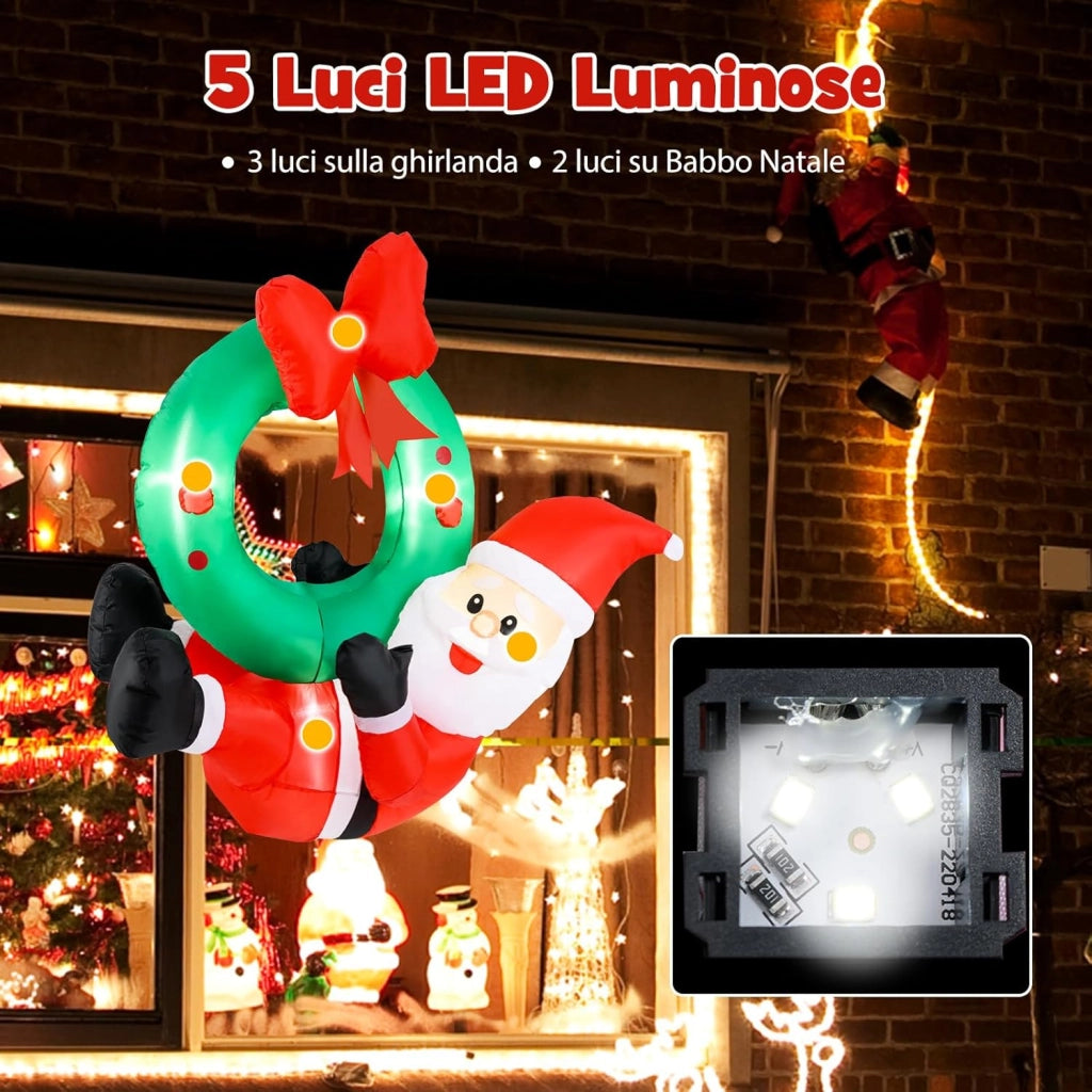 Decorazione Gonfiabile di Natale 120 CM, Babbo Natale Illuminato e Corona con Fiocco Rosso, 5 Luci LED, Soffiatore e 2 Corde, per Prato, Casa, Festa