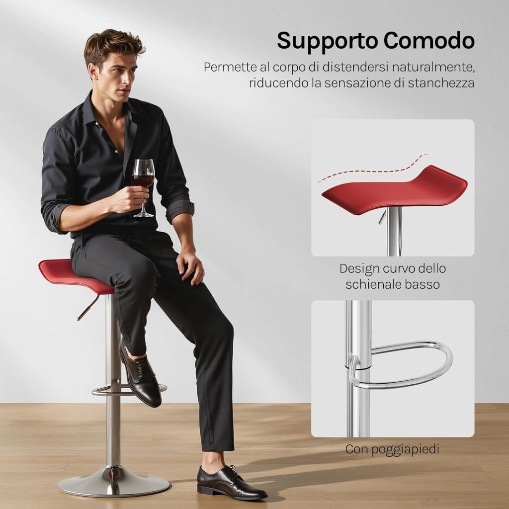 Sgabello da Cucina, Sgabello da Bar Colazione Regolabile in Altezza Girevole a 360°, per Bar, Cucina, Banco, Caffè, PVC+Metallo, con Poggiapiedi, Bordeaux+Argento