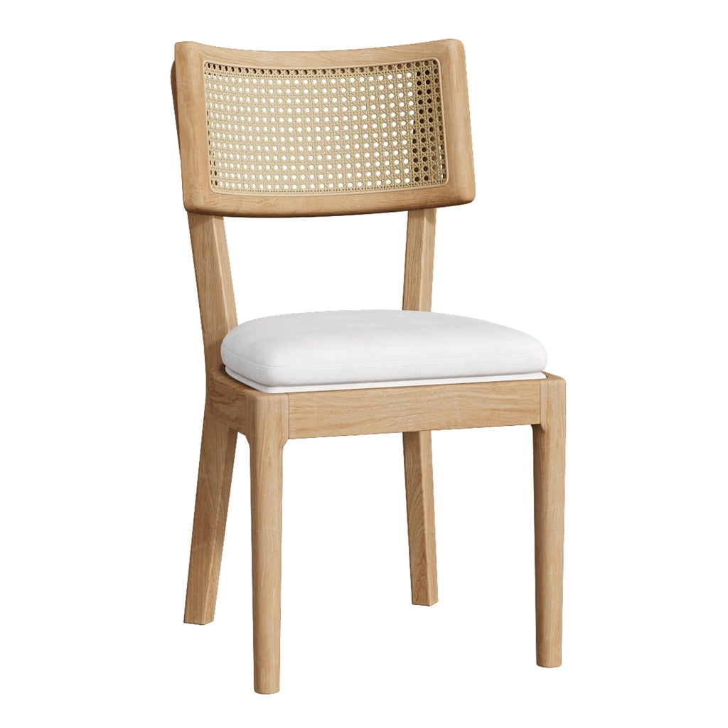 Set di 2 sedie da pranzo in legno massello con schienale in rattan e cuscino in lino, stile moderno, colore legno