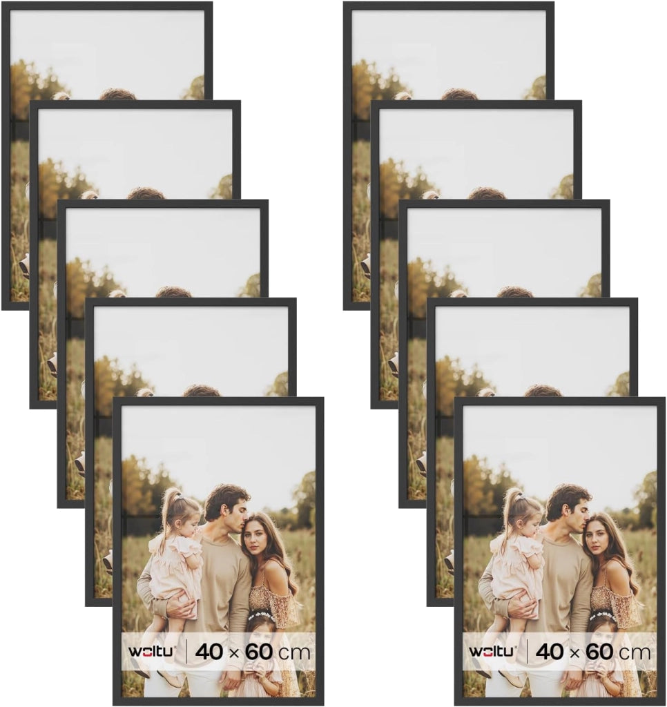 Set di 10 Cornici 40x60 cm con Passepartout, Portafoto in Orizzontale o Verticale, da Parete o Tavolo, in Legno MDF, Nero