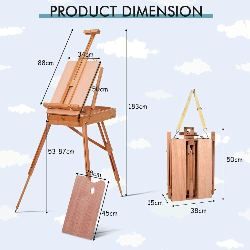 Cavalletto Pittura, Pieghevole, Altezza Regolabile, con Tavolozza e Cassetto, in Legno di Faggio, Cavalletto per Display, 71x114x183 cm