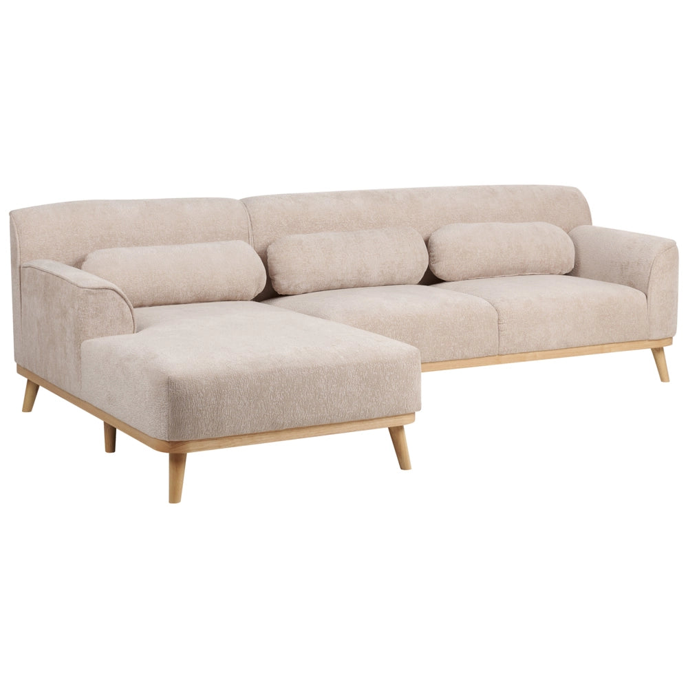 Divano angolare 3 posti destro imbottito in ciniglia beige con funzione di dormiente e schienale imbottito estraibile Gambe in legno