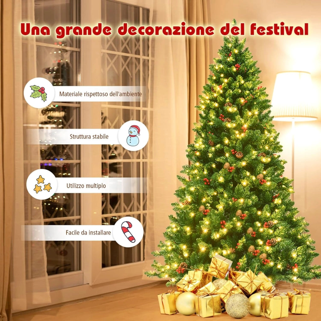 Albero di Natale 135/195 cm, Albero di Natale con 300/450 Luci Incorporate Bianco Caldo, 516/1100 Rami, 32/56 Pigne e 32/56 Bacche Rosse e Base in Metallo, Verde (195cm)