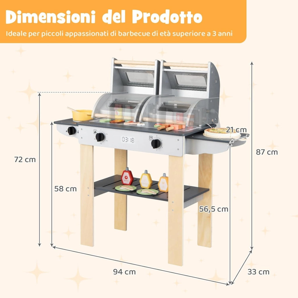 Set di Gioco per Barbecue in Legno per Bambini, Gioco di Griglia per Bambini con 2 Grill, Coperchi Ribaltabili, Ricchi Accessori e Cibi Giocattolo, per Bambini 3+ Anni