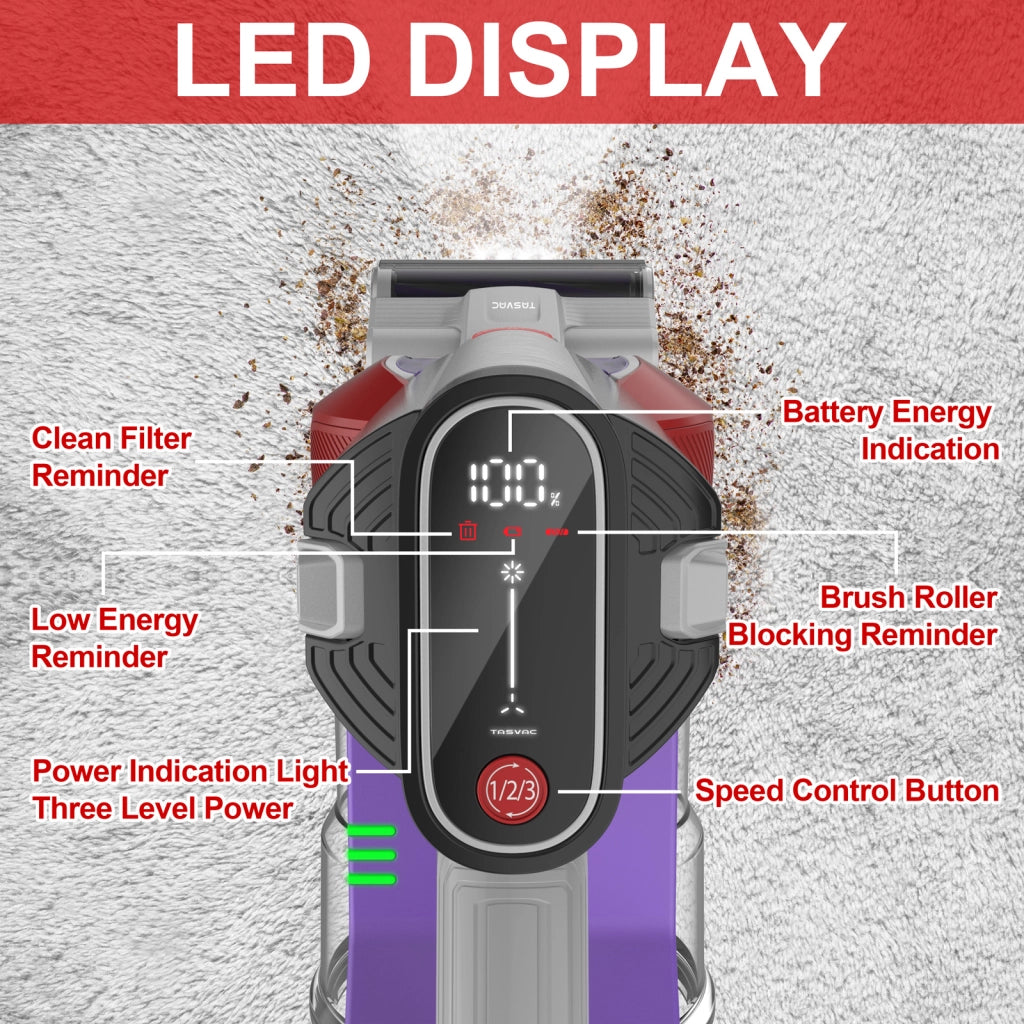 TASVAC S8 RED Aspirapolvere senza fili con display a LED e spazzola a rullo morbida
