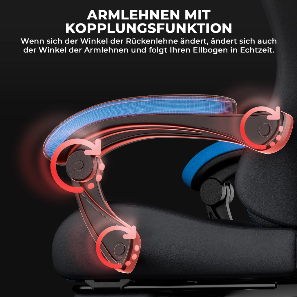Sedia da gaming ergonomica con supporto lombare, poggiatesta, braccioli collegati e ruote silenziose in PVC nero e blu