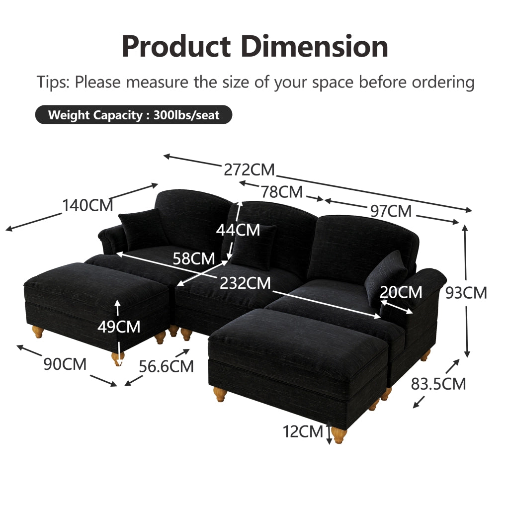 Divano Modulare U a 5 Posti in Chenille con Poggiapiedi ¨C MINIMAL ¨C Nero, Morbido