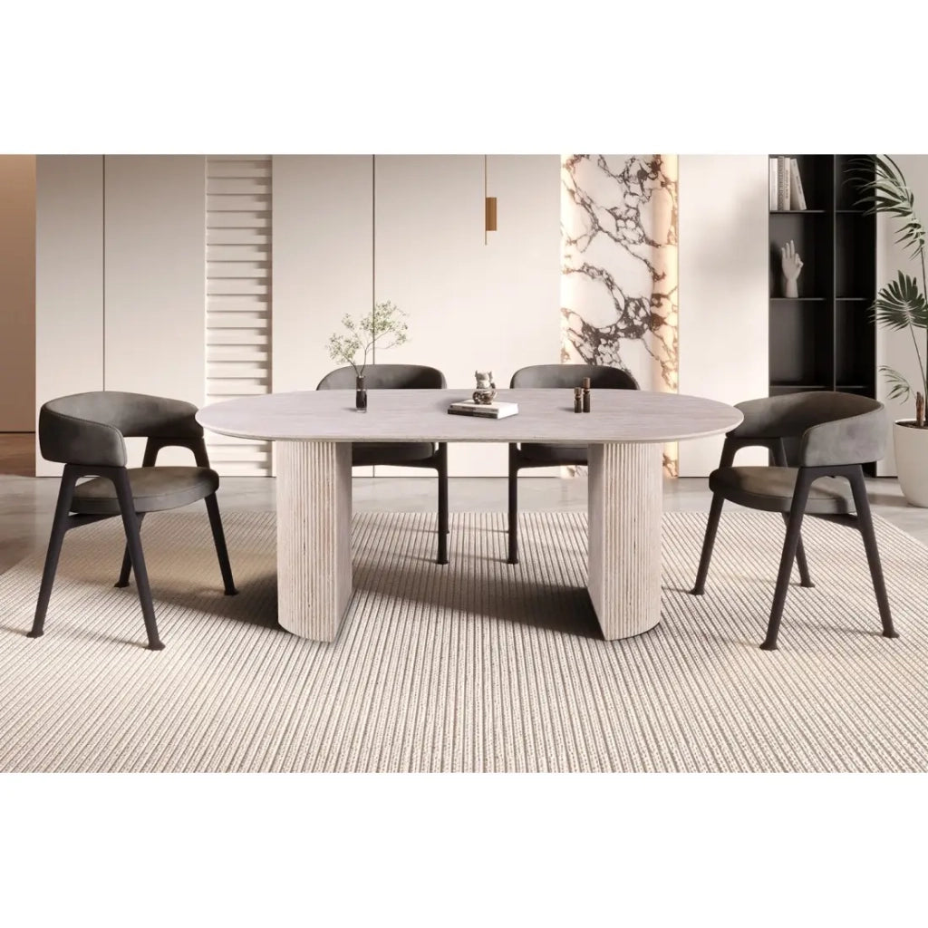 Tavolo da pranzo ovale VAGOS – 200 x 100 cm – Colore travertino – Design contemporaneo effetto pietra