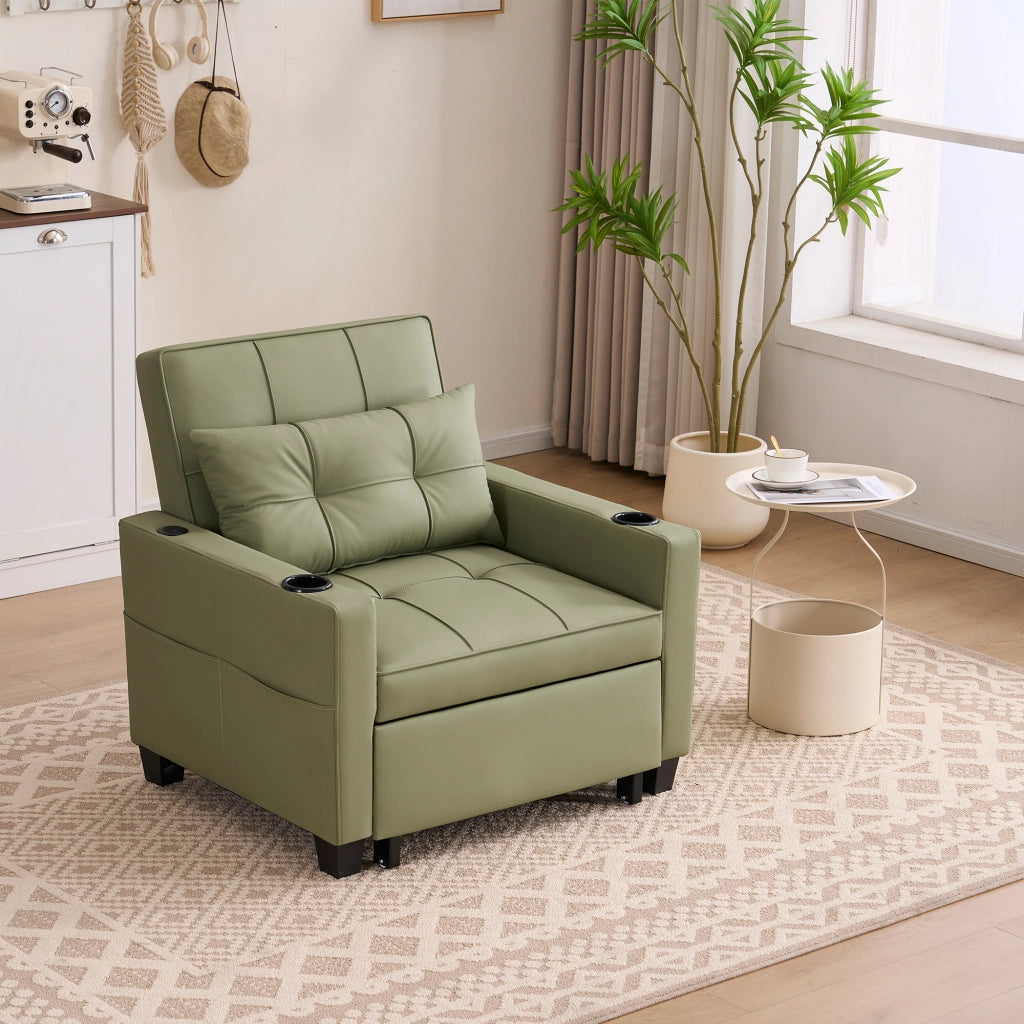 Poltrona letto convertibile 3 in 1 con funzione letto, tasca laterale e portabicchieri, in legno e metallo, avocado