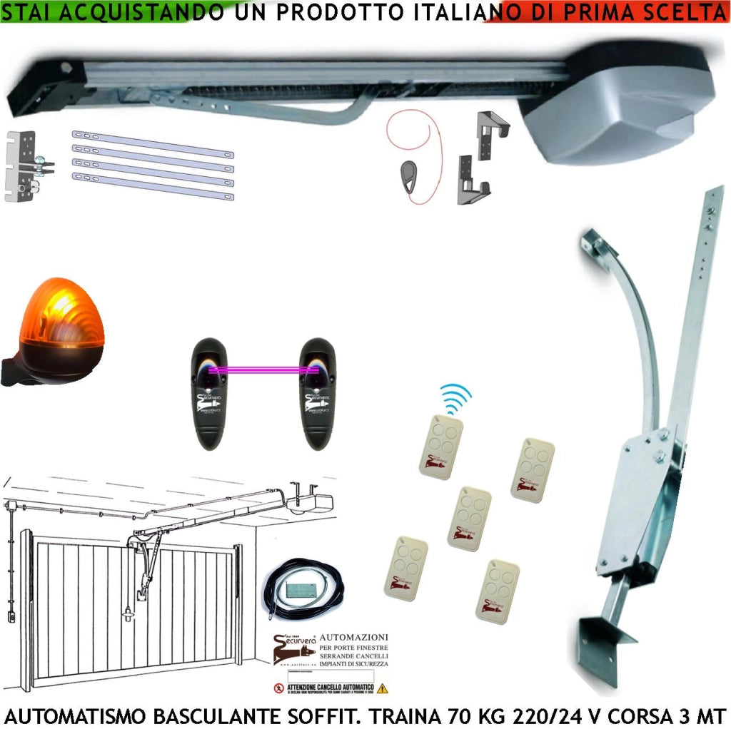 KIT AUTOMATISMO PER PORTA BASCULANTE 70 KG 220/24 V ARCHETTO 5 RADIOCOMANDI FOTOCELLULE FARO 24 LED SBLOCCO A MANIGLIA