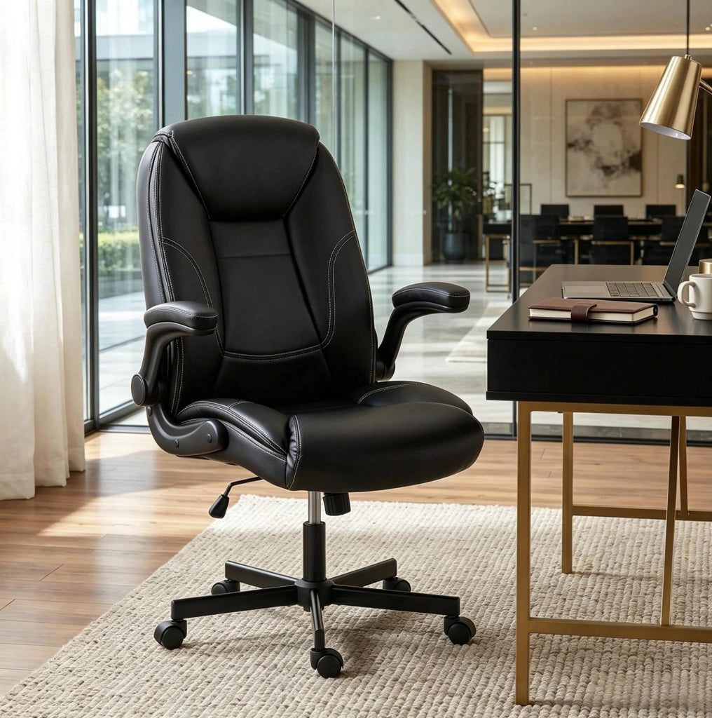 Sedia da ufficio ergonomica in PU nero con braccioli ribaltabili e altezza regolabile