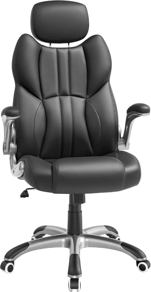 SONGMICS Sedia da Ufficio, Poltrona Girevole Ergonomica, con Braccioli Pieghevoli, Base a Stella in Nylon, Carico Massimo 150 kg, Nero OBG65BK