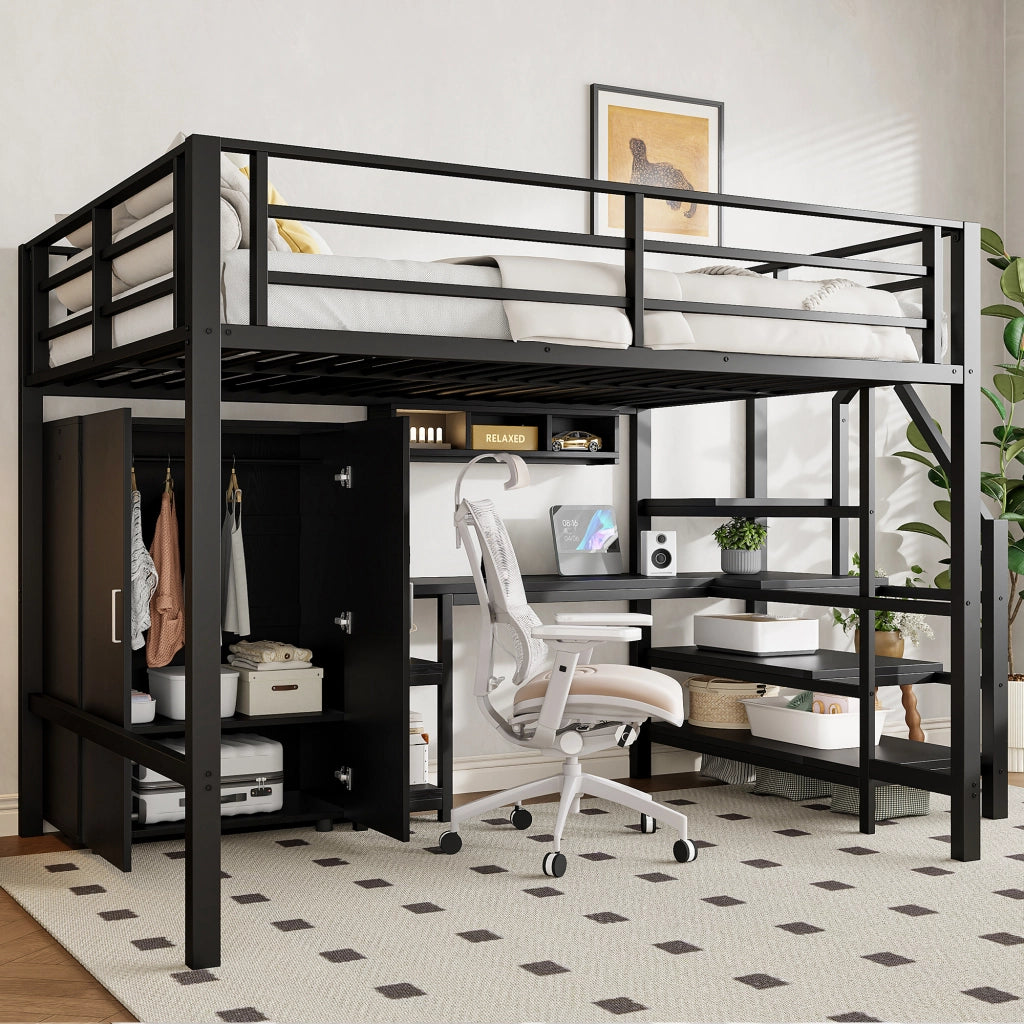 Letto a castello nero in metallo con scrivania armadio e scaffali 140x200 cm