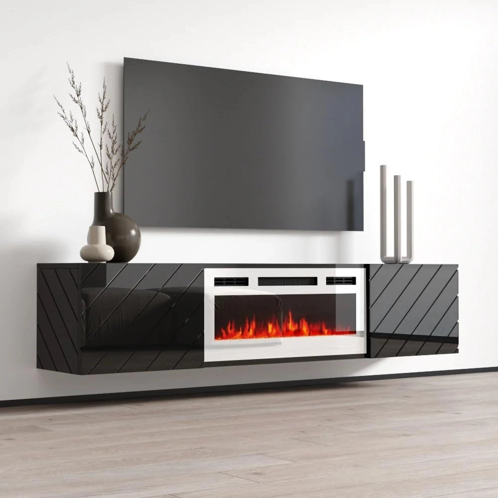 Mobile porta tv Roxy con camino elettrico bianco cm183x35x38h nero lucido